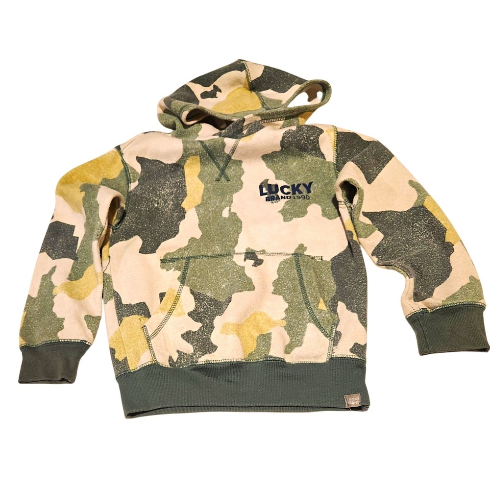 90's Y2K Lucky Brand Boys Camo Pullover Hoodie Fleece Hooded Pockets Logo Size 8